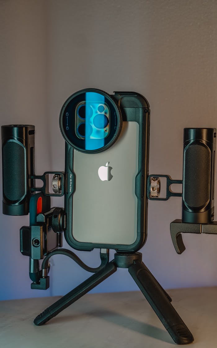 creative Innovative smartphone filmmaking rig setup, perfect for professional light and video capture indoors.